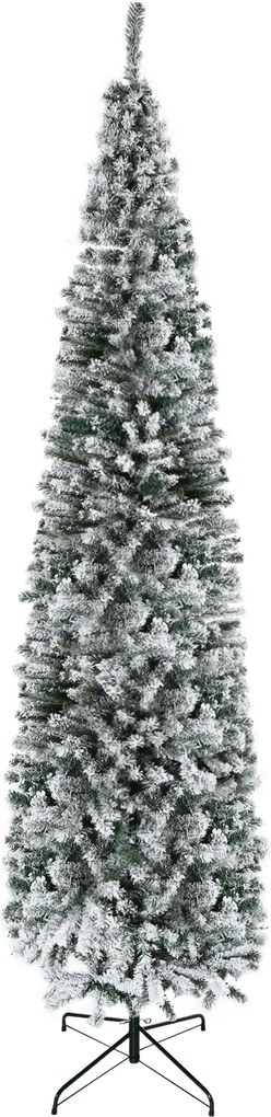 Árvore de Natal Estreita 270 cm com Efeito Neve, 1014 Ramos e Suporte Metálico, Verde e Branco
