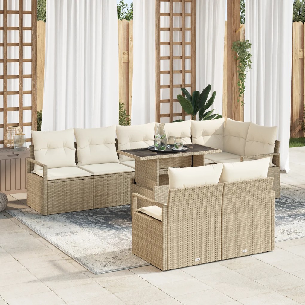 Conjunto de Sofá de Jardim vidaXL 9 Peças com Almofadas Beige Rattan P