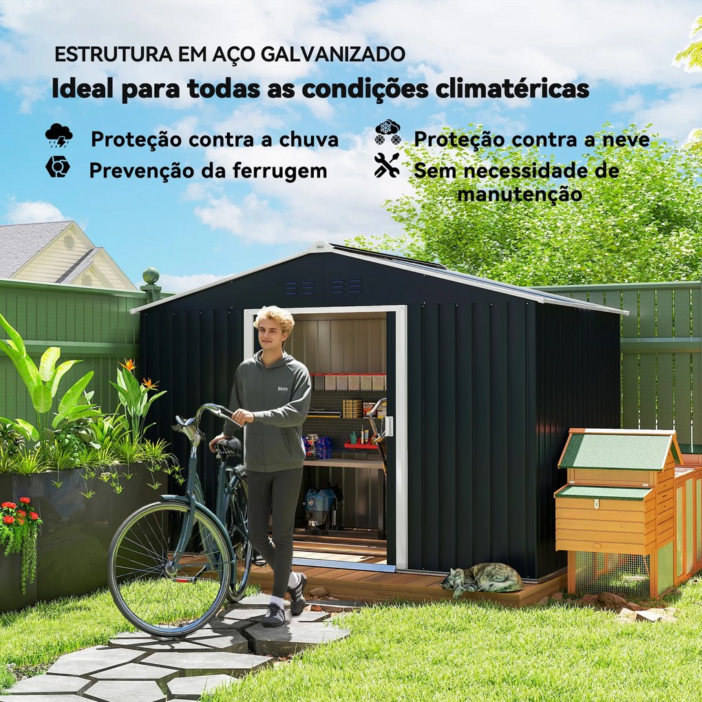 Abrigo de Jardim 4,9 m² 277x195x192 cm com 2 Portas Deslizantes Base Reforçada (Chão NÃO Incluído) Cinzento Escuro