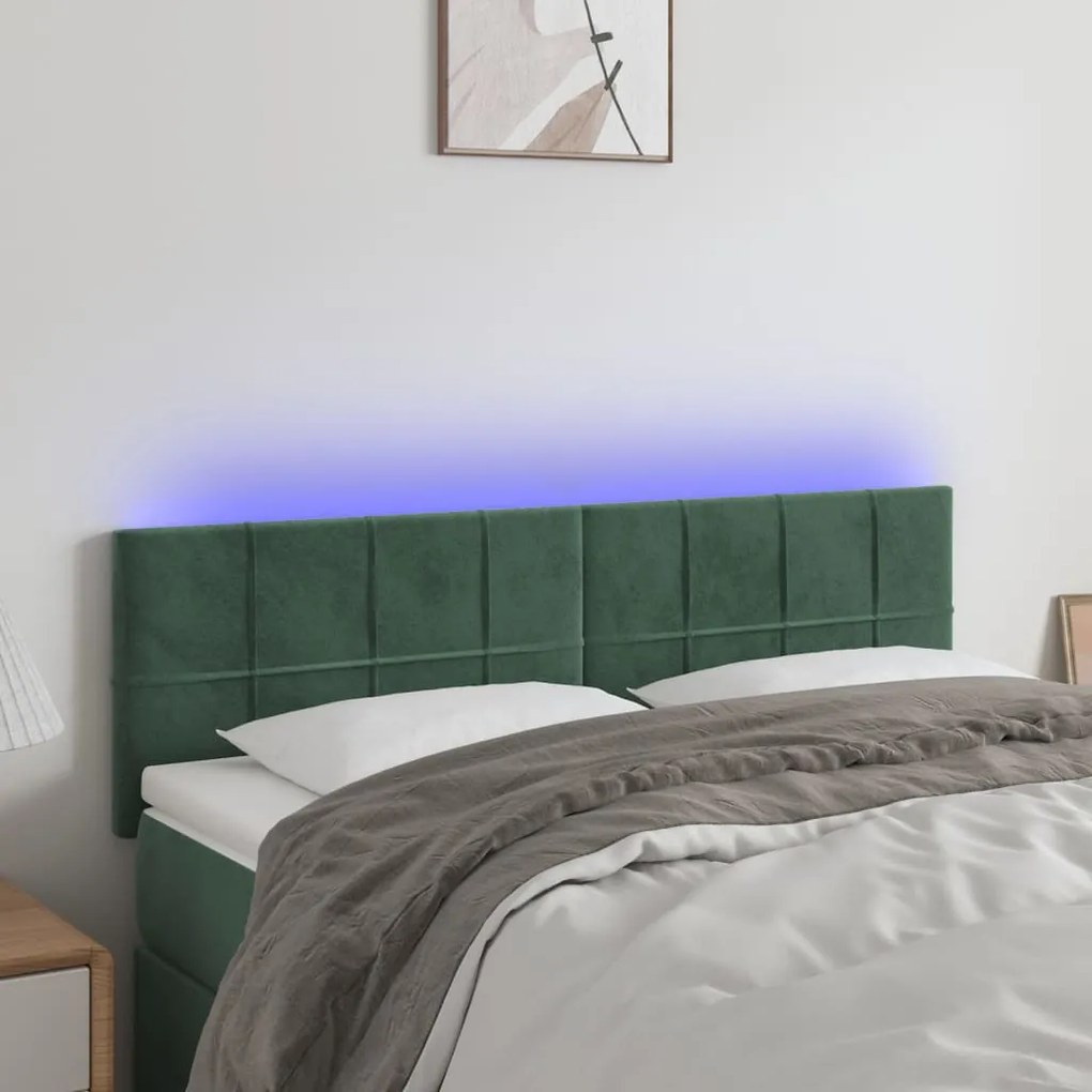 Cabeceira de cama c/luzes LED veludo 144x5x78/88cm verde-escuro