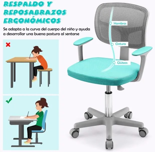 Cadeira de secretária ergonómica para crianças com rodas Cadeira giratória para computador Apoio lombar ajustável em altura Turquesa