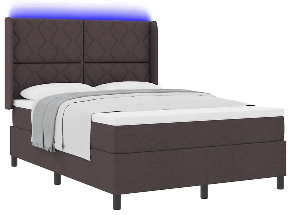 Cama Box com Colchão e LED Castanho Escuro 140 x 200 cm, Tecido