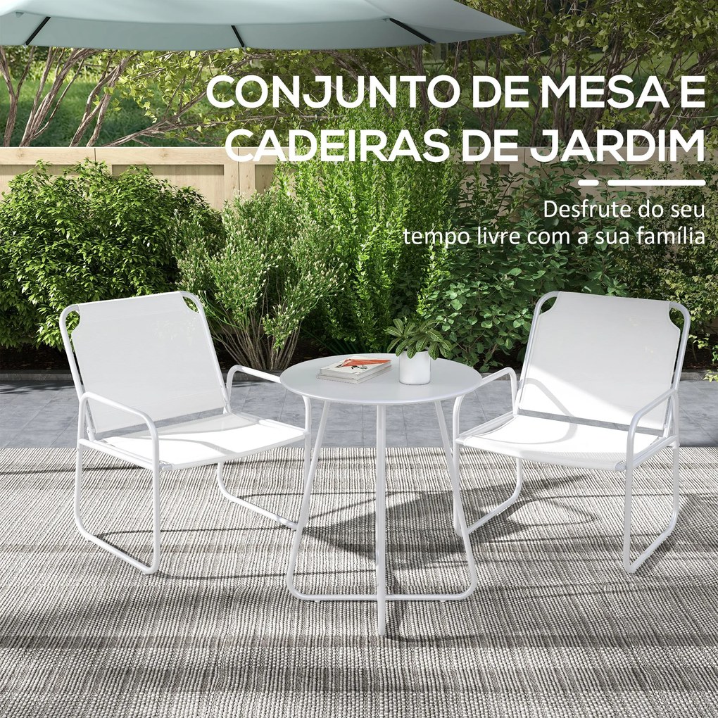 Conjunto de Móveis de Jardim com 1 Mesa Redonda e 2 Cadeiras Estrutura de Aço e Apoio para os Braços Branco