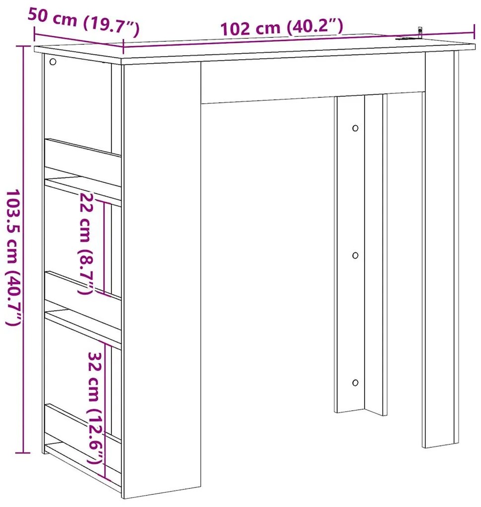 Mesa de bar c/ prateleiras 102x50x103,5 cm madeira velha