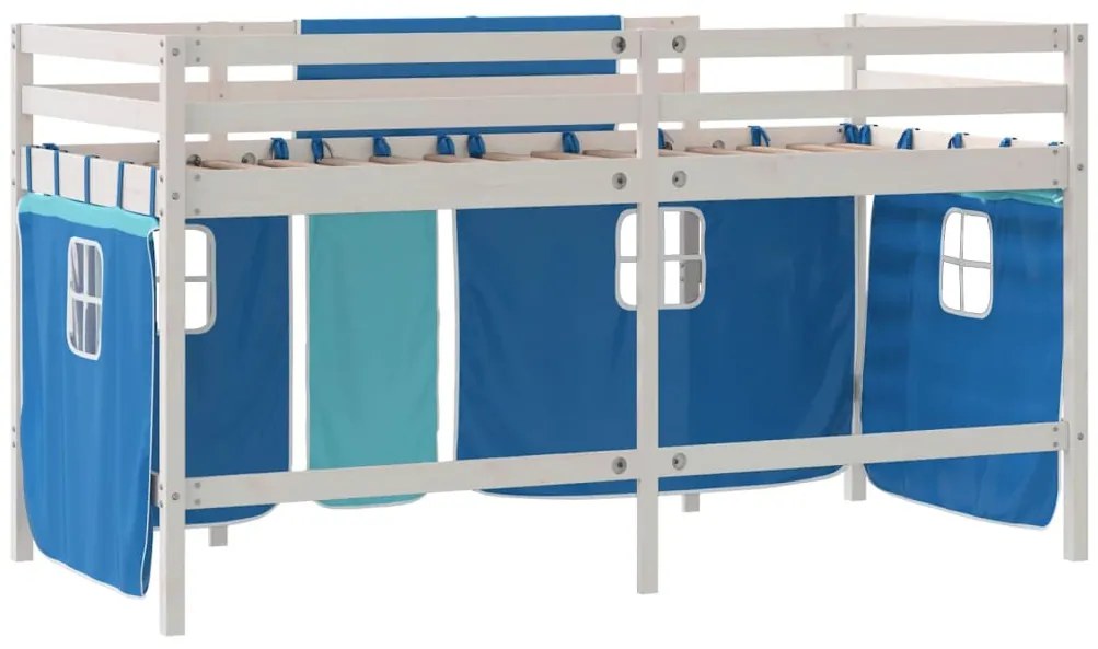 Cama alta p/ criança c/ cortinas 90x190 cm pinho maciço azul