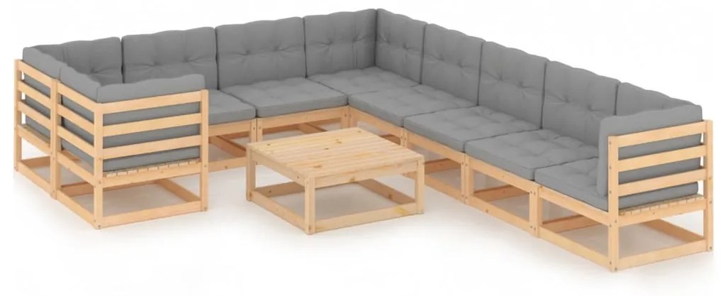 10 pcs conjunto lounge de jardim c/ almofadões pinho maciço