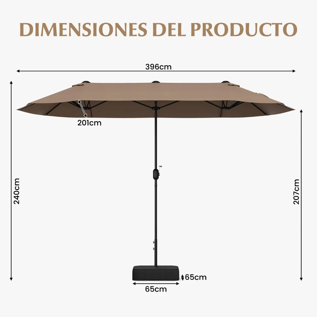 Guarda-sol duplo para jardim com base recarregável, manivela e 12 hastes de alta resistência Castanho