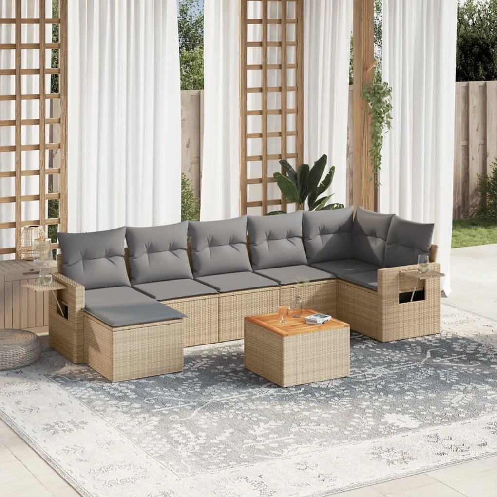 8 pcs conj. sofás jardim c/ almofadões vime PE bege misturado