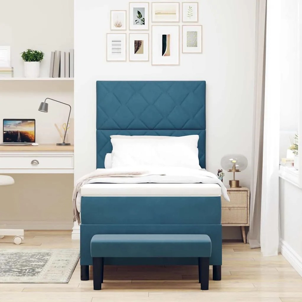 Cama Box Spring com Colchão &amp; Banco Azul Escuro 90x190 cm Veludo