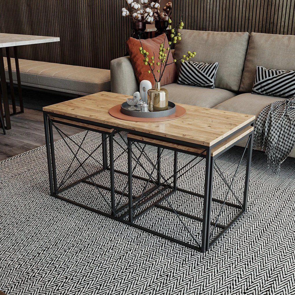 Conjunto de Mesas de Centro Defne – Pinho Atlântico e Preto – 100x52x5