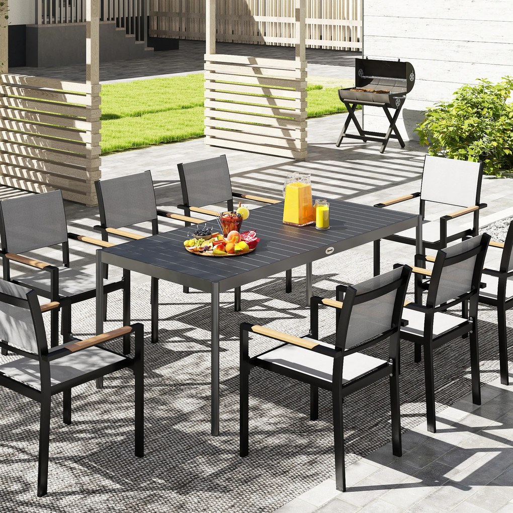 Mesa de jantar de jardim em aço 186 x 90 x 74 cm (CADEIRAS NÃO INCLUIDAS), mesa de jardim para 8 pessoas com tampo retangular em ripas, cinzento escur