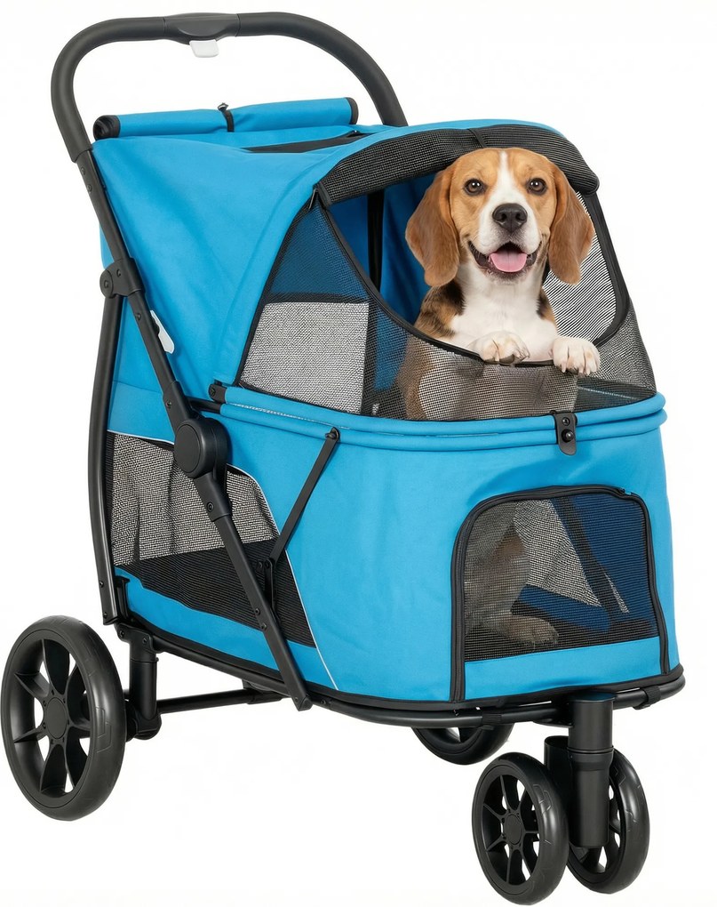 Carrinho para Cães Dobrável com 3 Rodas Janelas de Rede Almofada Lavável Todo o Terreno Carga 20 kg 92x63x95 cm Azul