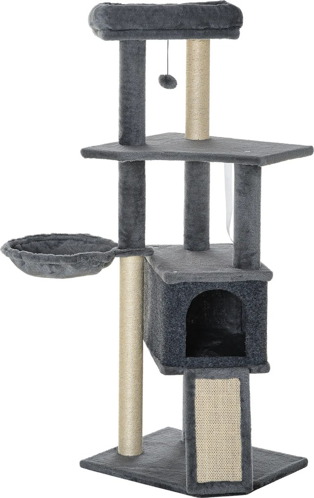 PawHut Arranhador para Gatos 127 cm com Caverna Rede Cama Plataformas Rampa de Sisal Bola Pendurada Cinza | Aosom Portugal