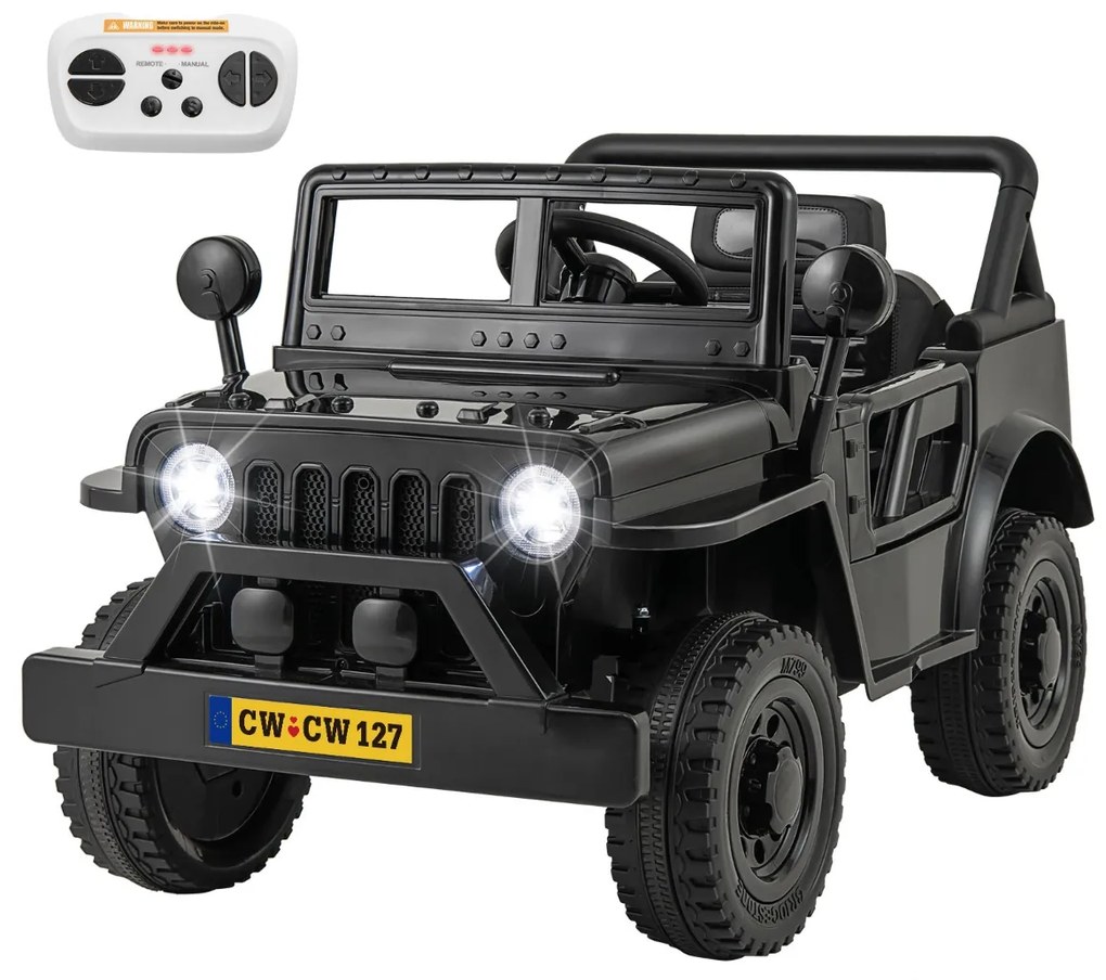 Carro Elétrico para Crianças 12V Jipe com Controlo Remoto 3 Velocidades Luzes LED Música Buzina Preto