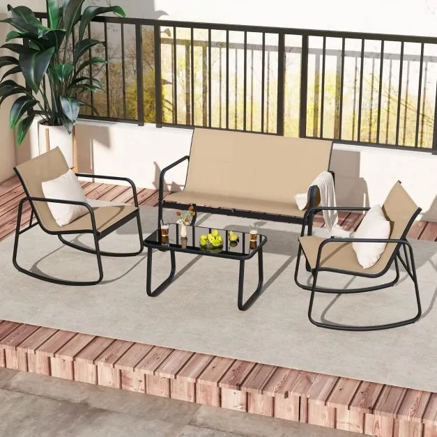 Conjunto de móveis de jardim de 4 peças com suave movimento de baloiço para terraço castanho