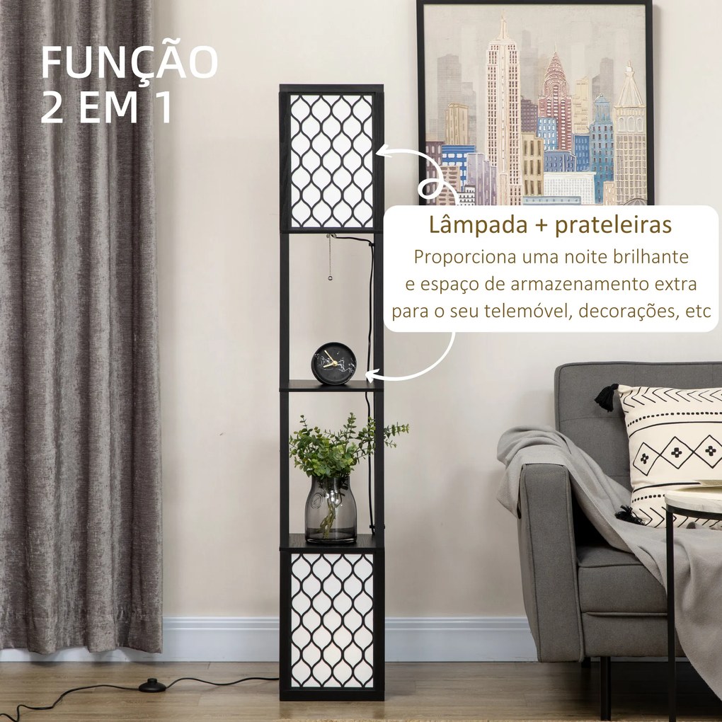 Candeeiro de Pé de Madeira com Estantes Lâmpada E27 Máx. 40W com Interruptor 26x26x156cm Preto e Branco