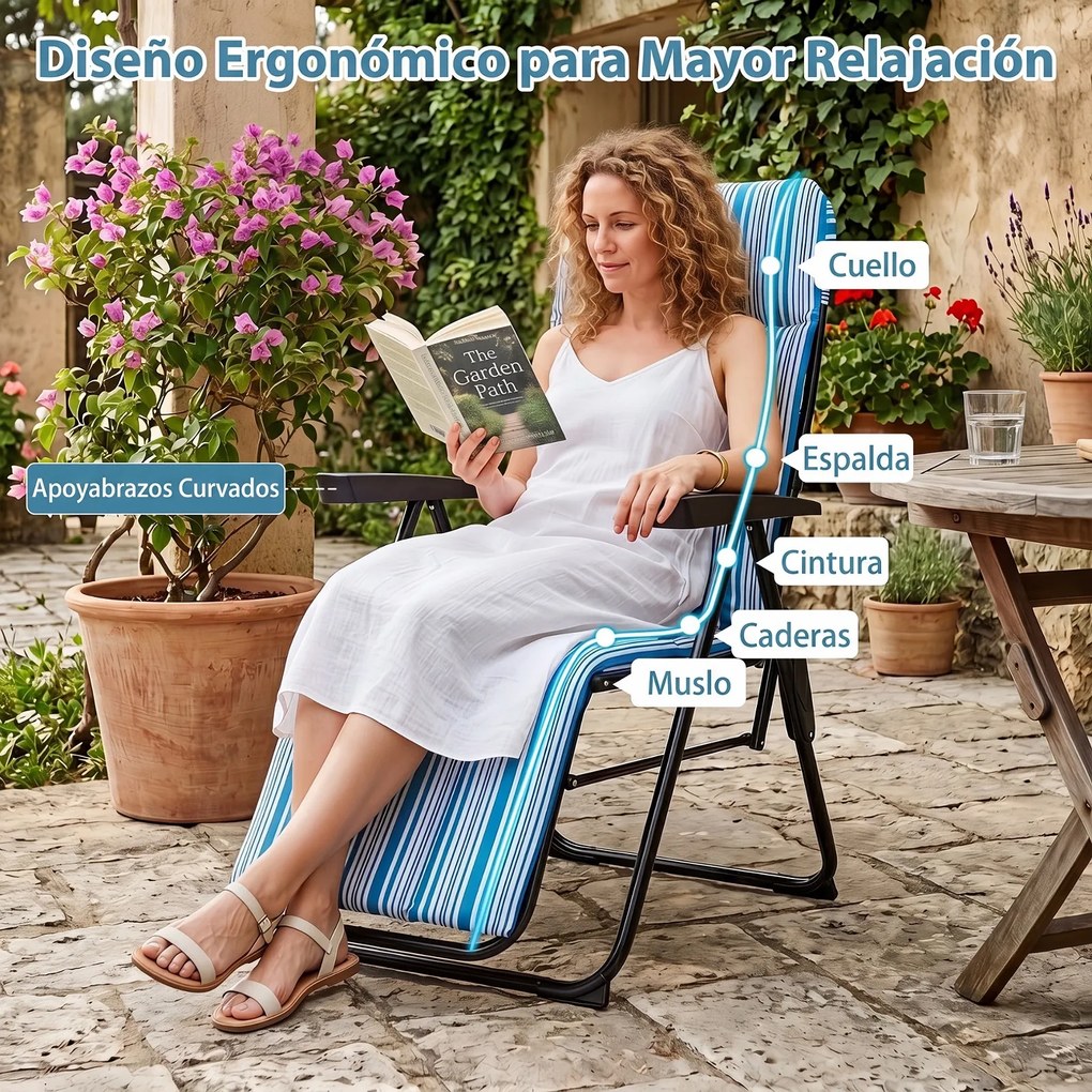 Espreguiçadeira de Jardim Dobrável, 59,5 x 79 x 112 cm, Encosto de 6 Posições, Azul + Branco