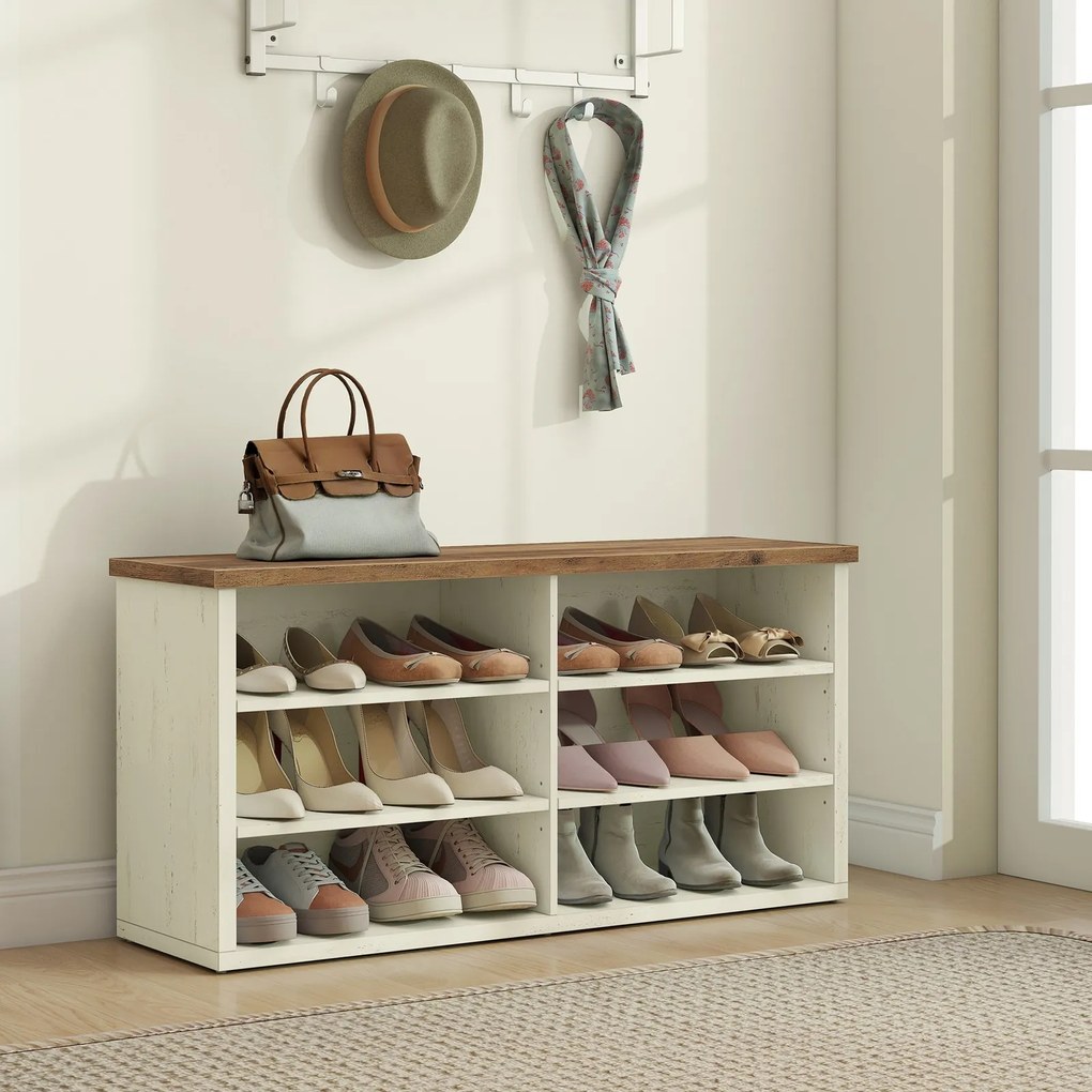 Banco arrumação para sapatos com banco 29,5 x 100 x 50 cm, compartimentos ajustáveis, 6 prateleiras Branco-castanho