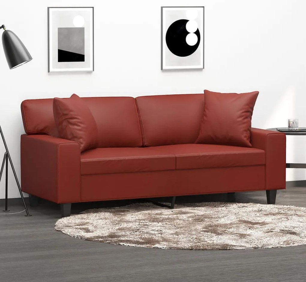 vidaXL Sofá 2 lug. c/ almofadas/almofadões couro artif. vermelho tinto