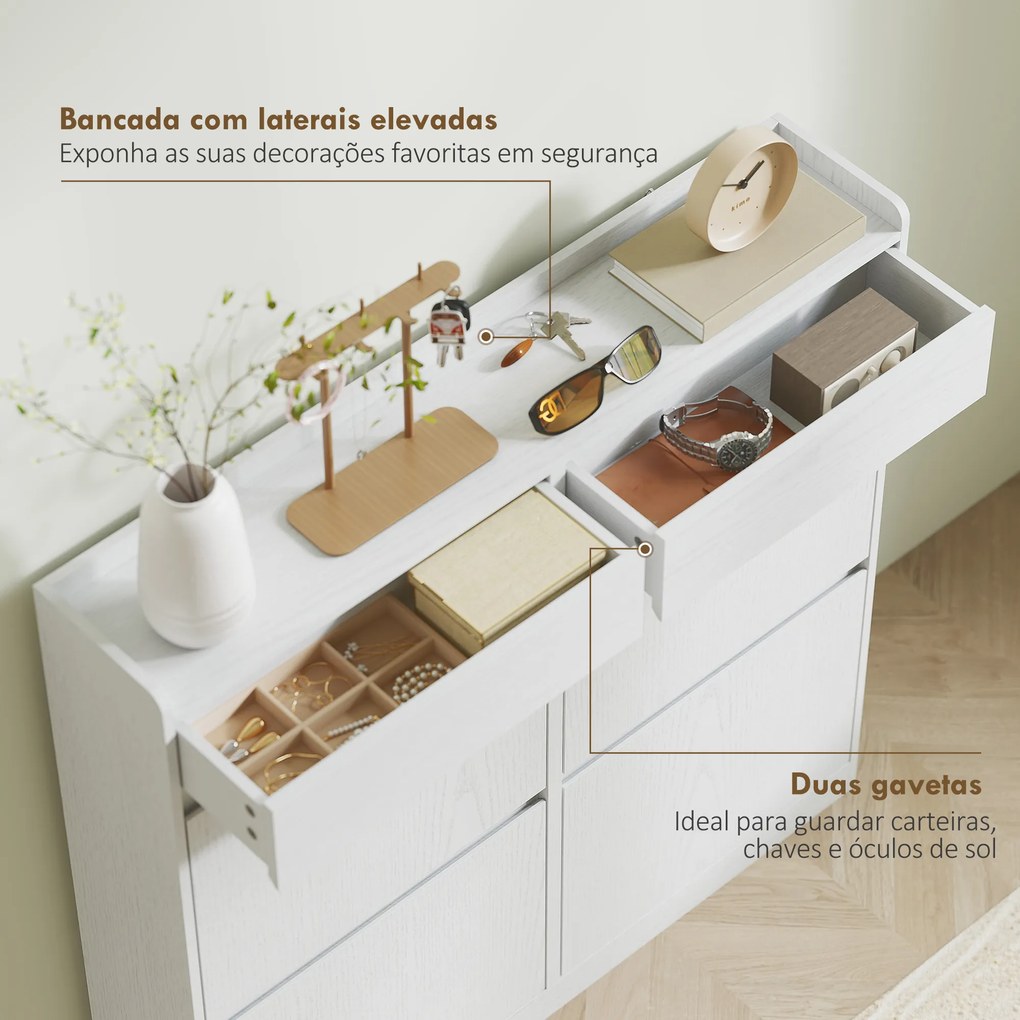 Sapateira Estreita com 4 Portas Sapateira para Entrada com 2 Gavetas para 8 Pares de Sapatos 98x19,2x95,3 cm Branco