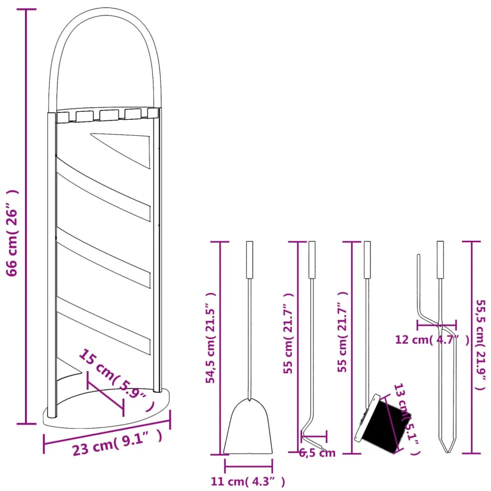 Conjunto de ferramentas para lareira 5 pcs 23x15x66 cm aço