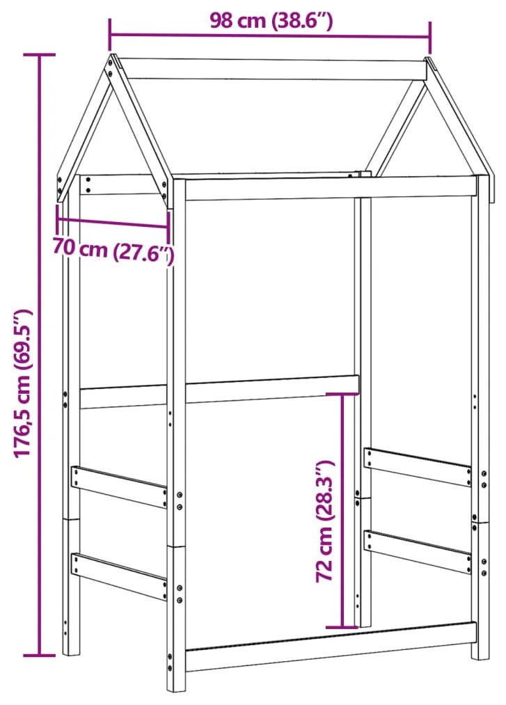 Telhado cama infantil 98x70x176,5 cm pinho maciço castanho-mel