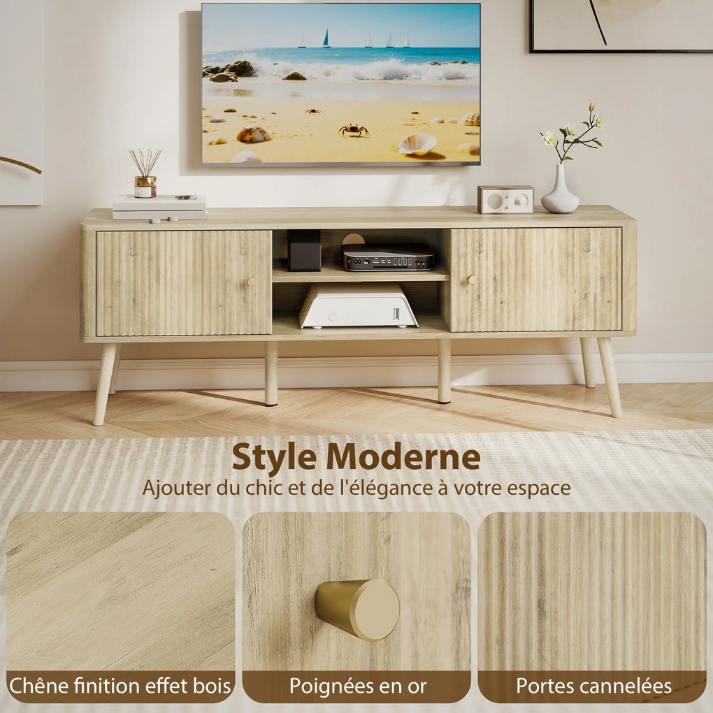Móvel para televisão 140 x 35 x 49 cm, com capacidade para ecrãs até 65 polegadas, com 2 portas, 2 compartimentos abertos, prateleira ajustável, cor c