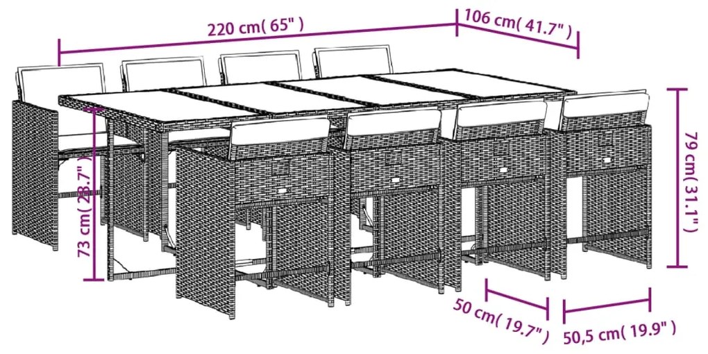 9 pcs conjunto de jantar p/ jardim com almofadões vime PE bege