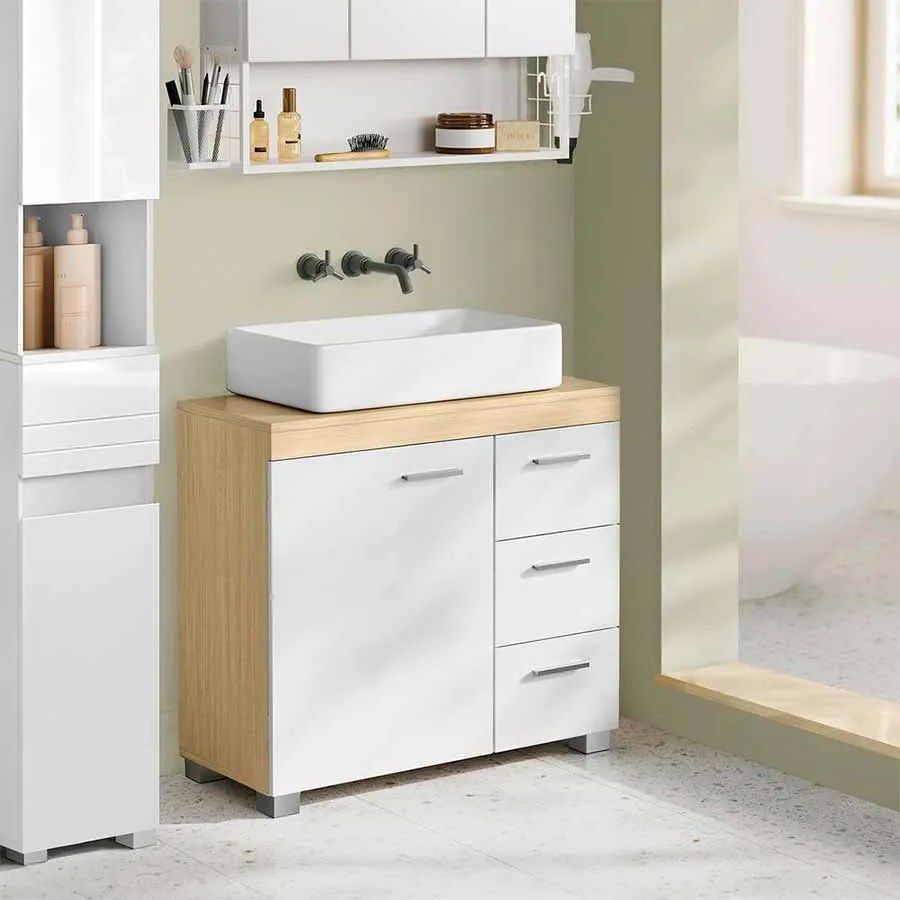 Armário casa banho para lavatório (não incluído) com 3 gavetas grandes 30 x 70 x 64 cm Branco - bege natural