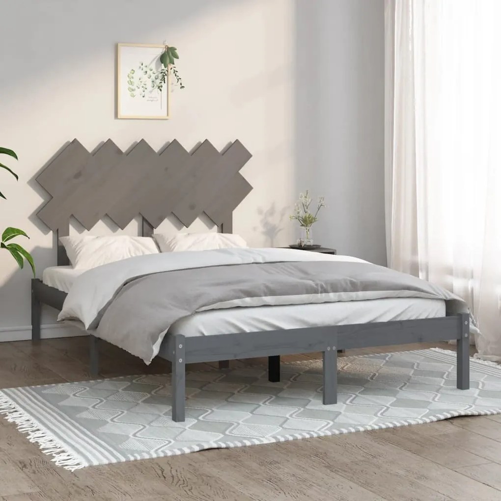 Estrutura de cama casal 135x190 cm madeira maciça cinzento