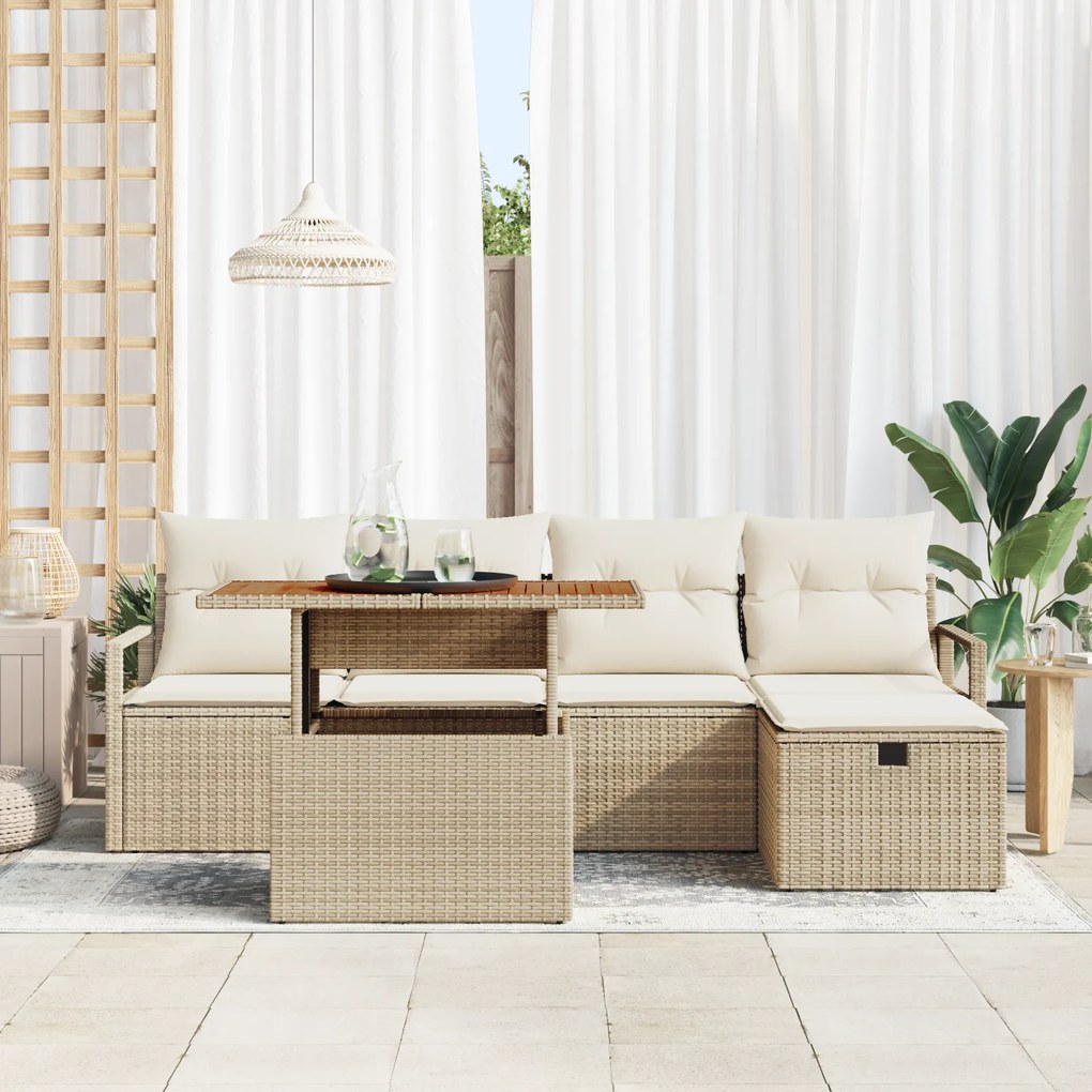Conjunto de Sofá de Jardim vidaXL com 6 Peças e Almofadas Bege Rattan