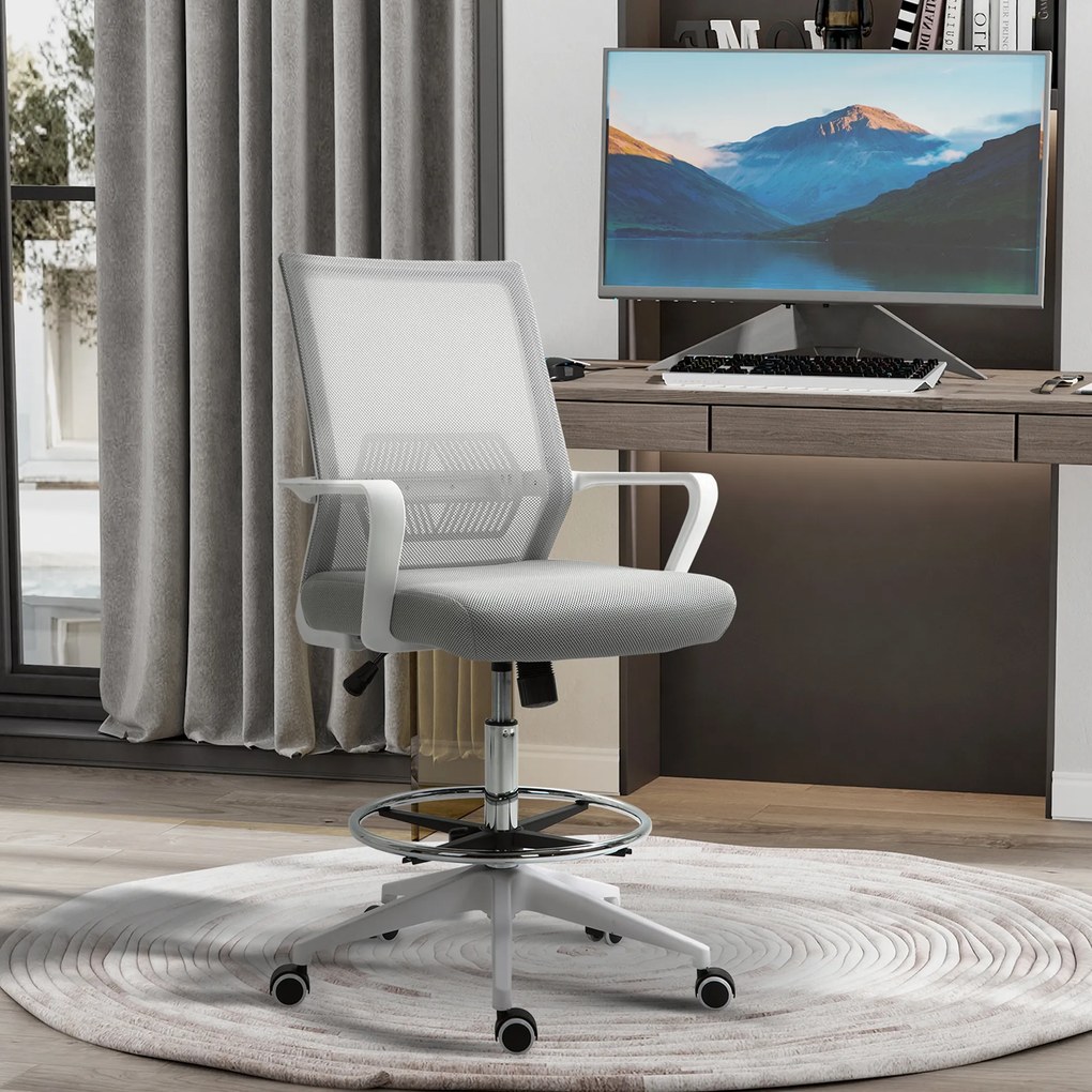 Cadeira de escritório com assento alto ajustável, 64 x 59 x 104-124 cm, cadeira giratória com rotação de 360°, tecido respirável cinzento e branco