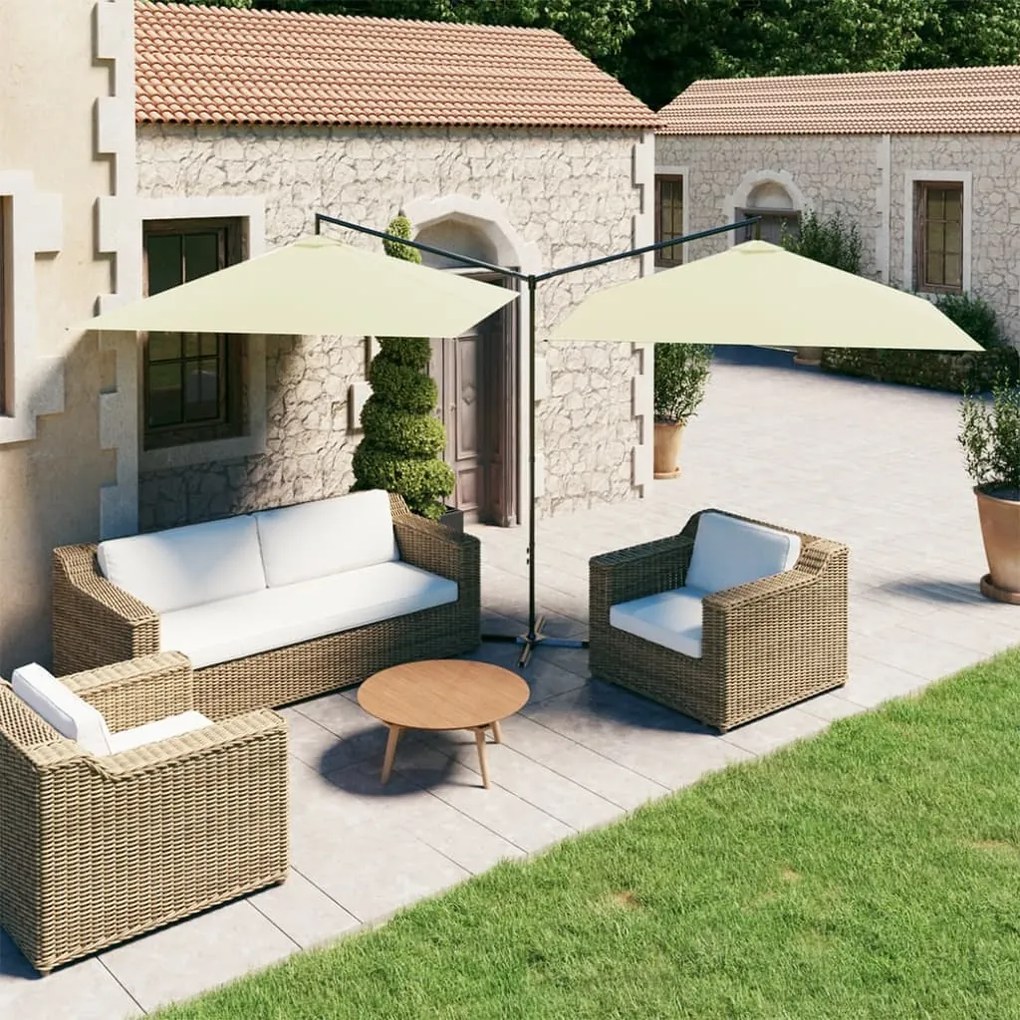 Guarda-sol de jardim duplo com poste de aço 600x300 cm areia