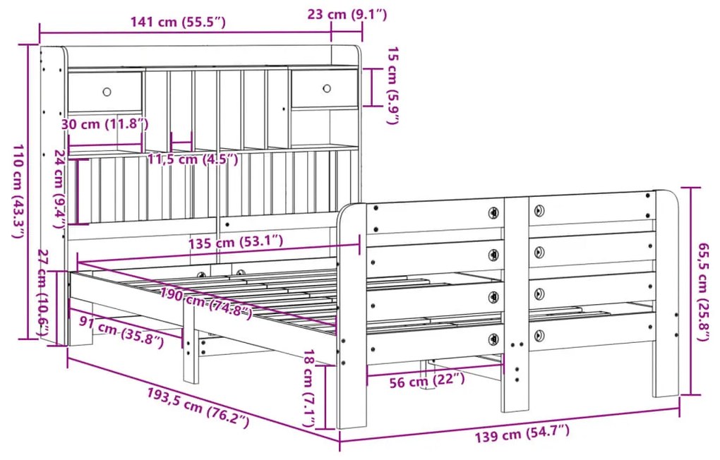 Cama com estante sem colchão 135x190 cm pinho maciço branco