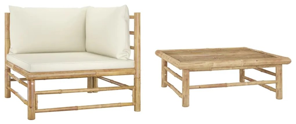 vidaXL 2 pcs conj. lounge p/ jardim em bambu c/ almofadões branco nata