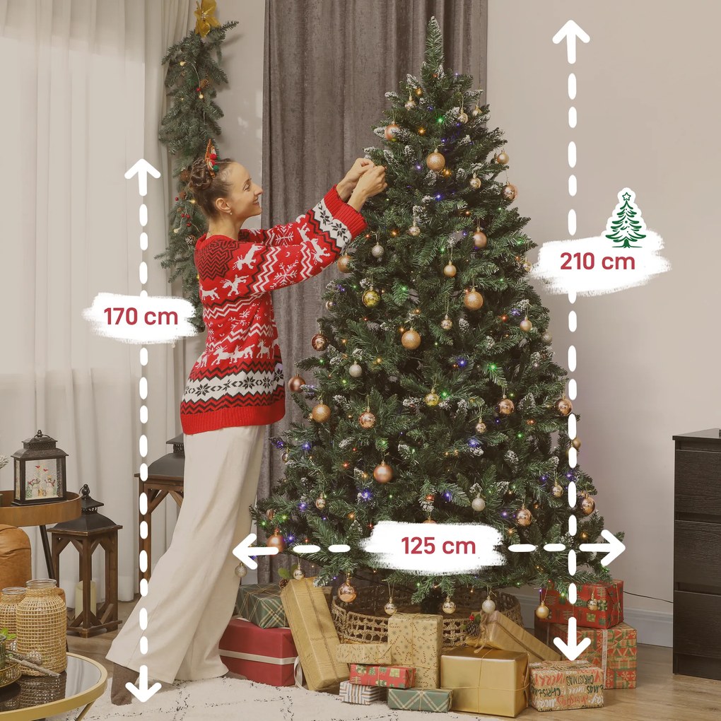 Árvore de Natal 210 cm com Luzes LED 9 Modos de Iluminação 1160 Ramos e Neve Artificial Verde