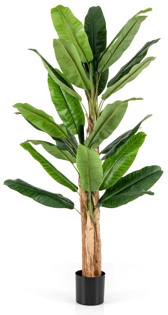 Plátano artificial de 195 cm de altura com 27 folhas grandes Caules triplos Casca natural Verde Decoração de vaso de plantas