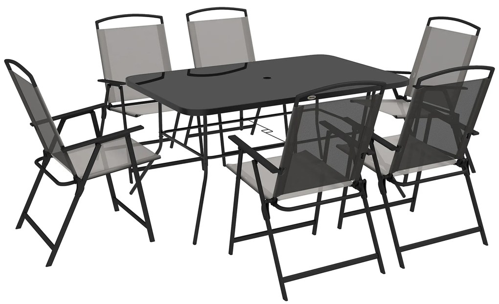 Outsunny Conjunto de Refeição de 7 Peças com 6 Cadeiras Dobráveis e Mesa com Orifício para Chapéu de Sol para Terraço Exterior Cinza