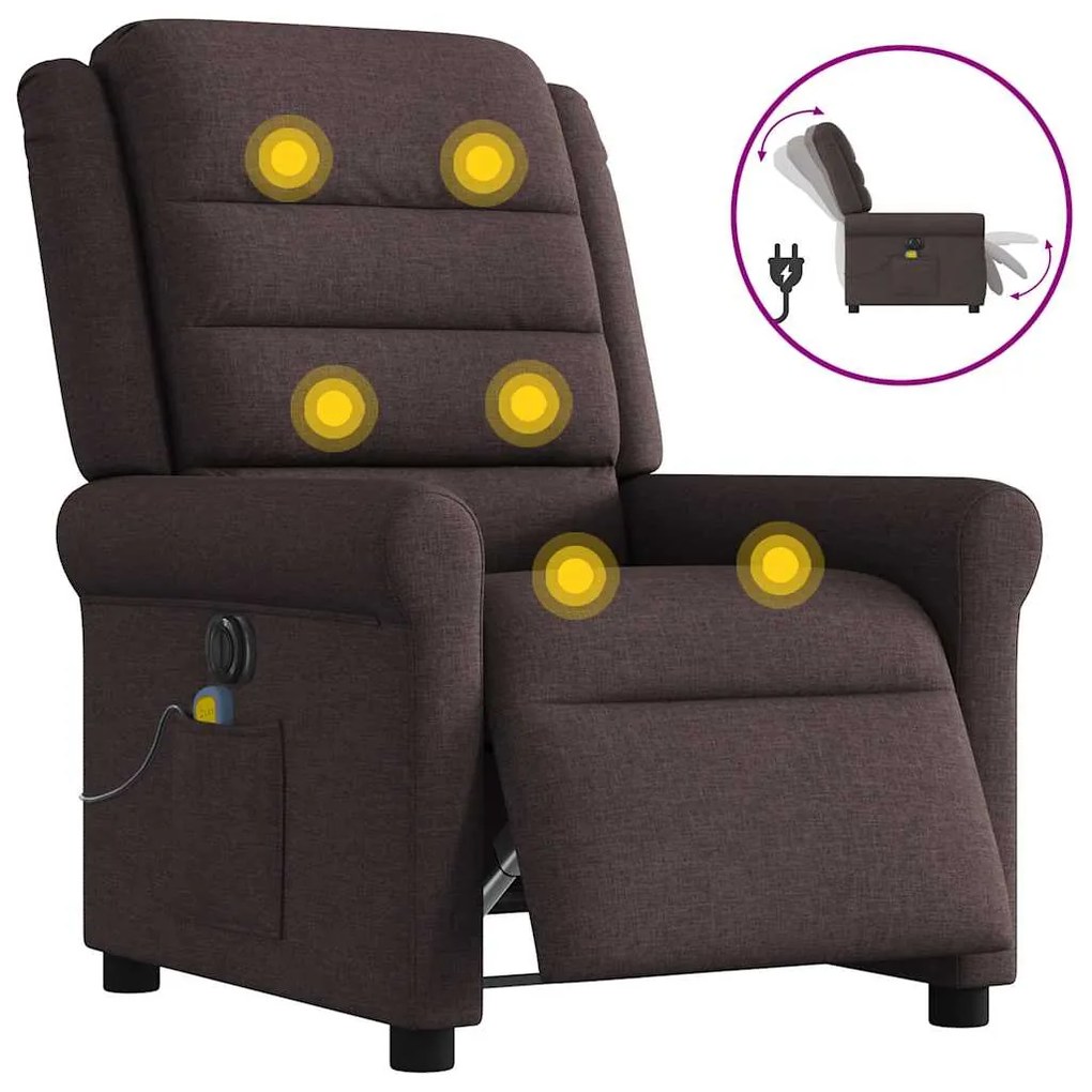 vidaXL Poltrona reclinável massagens elétrica tecido castanho-escuro