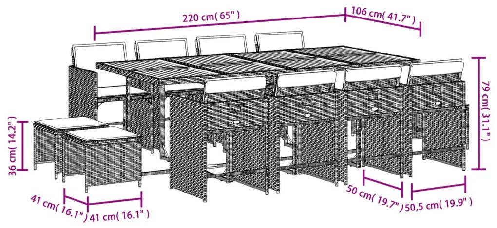 13 pcs conjunto de jantar p/jardim com almofadões vime PE preto