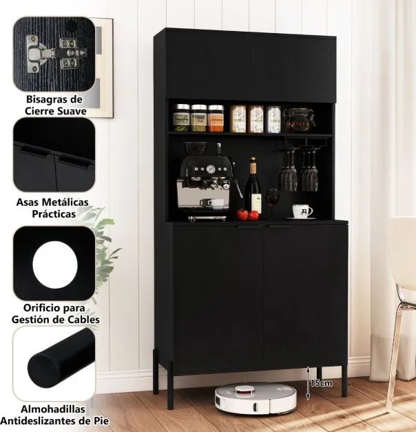 Armário multifuncional para cozinha com estação de carregamento 80 x 40 x 164 cm, garrafeira, portas e prateleira ajustável para sala de jantar e sala
