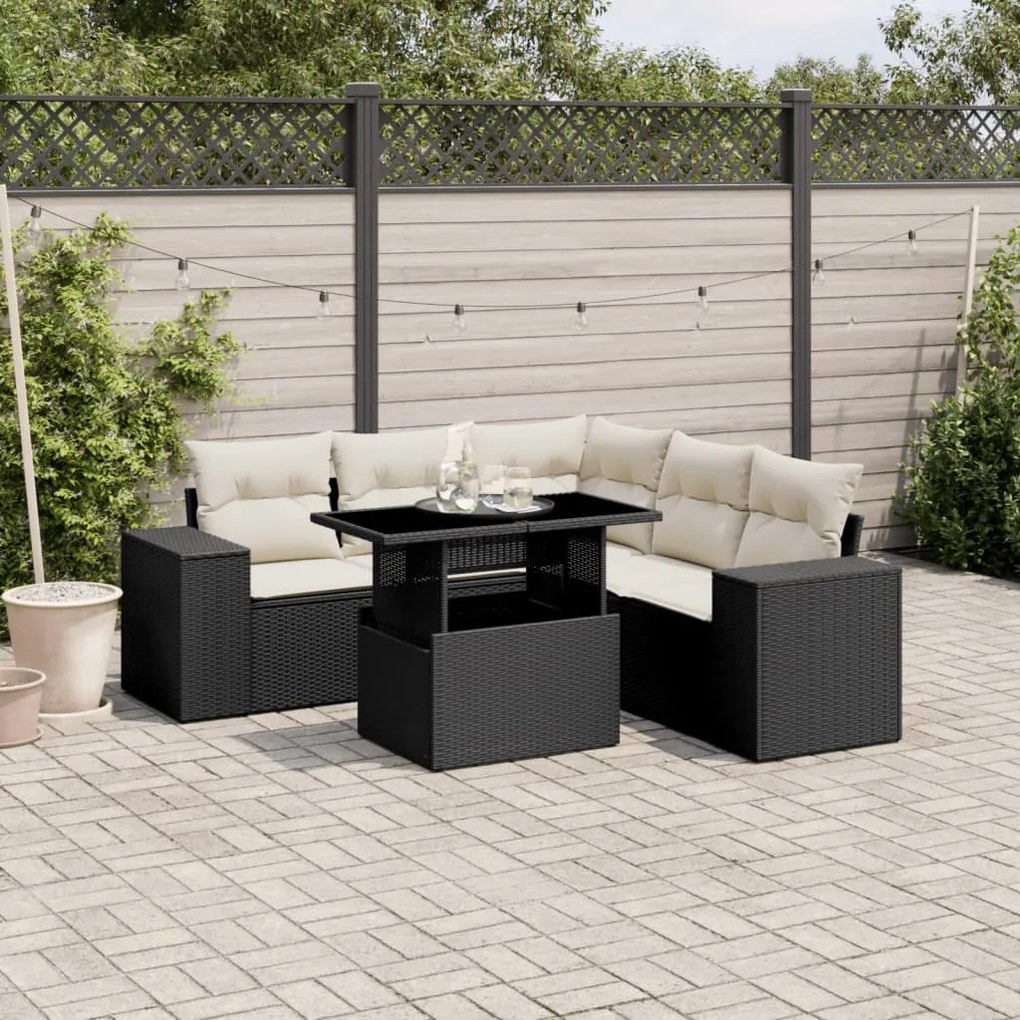 6 pcs conjunto sofás de jardim c/ almofadões vime PE preto
