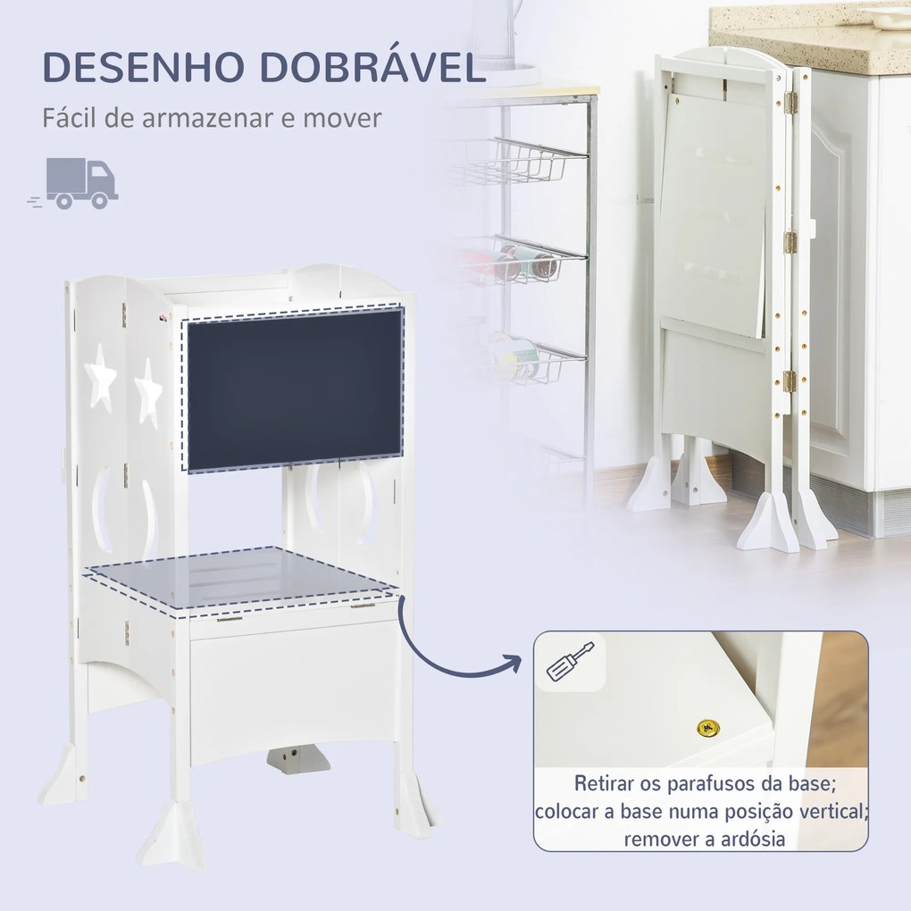 HOMCOM Torre de Aprendizagem para Crianças 3-6 anos de Madeira Torre de Aprendizagem Infantil Dobrável com Ardósia e Barra de Segurança para Casa de Banho Cozinha 56,5x56,5x94cm Branco