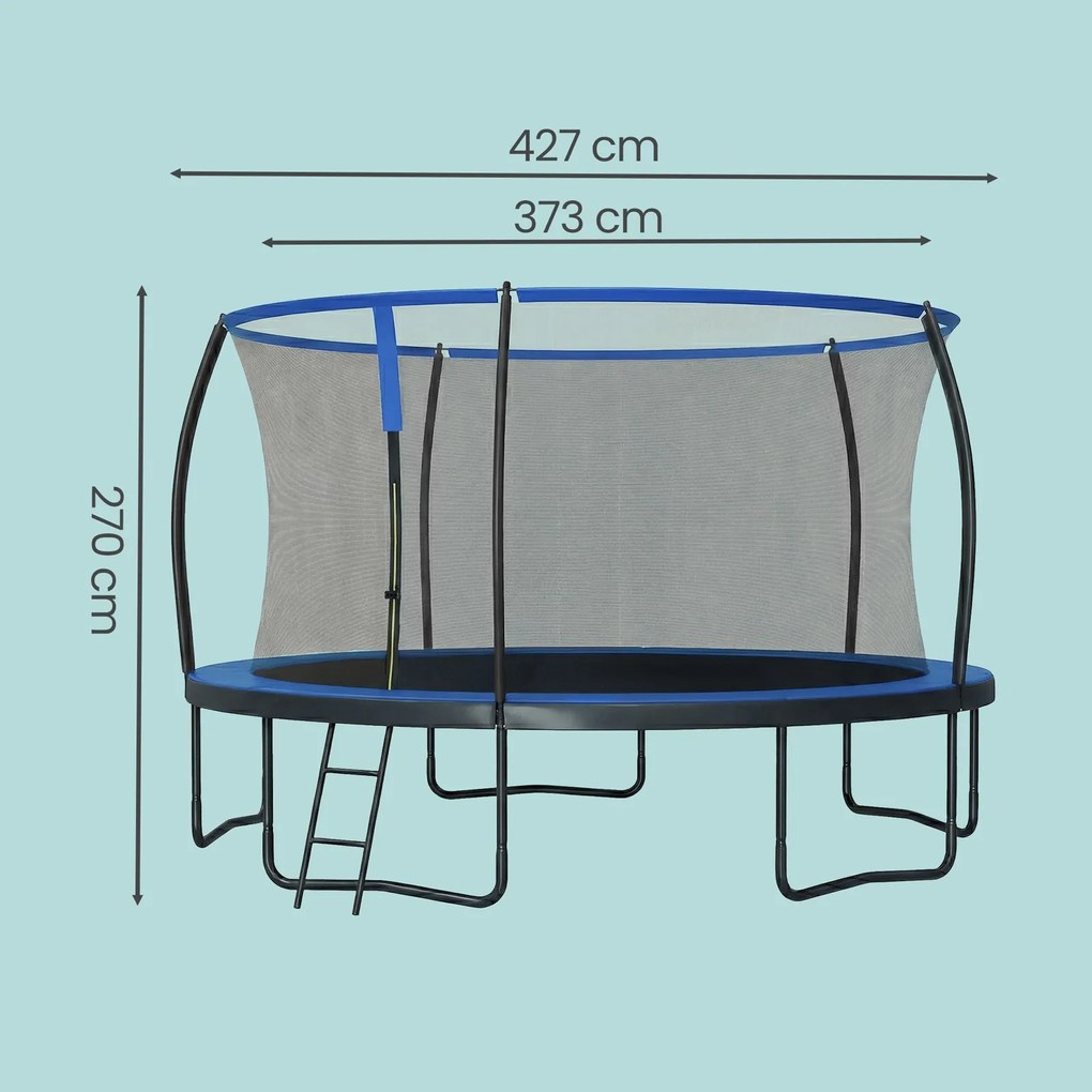 Trampolim infantil de jardim de 427 cm com varas curvas, rede de segurança Preto-Azul