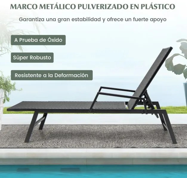 Espreguiçadeira tecido com braços e encosto reclinável em 5 posições, estrutura metálica, castanha