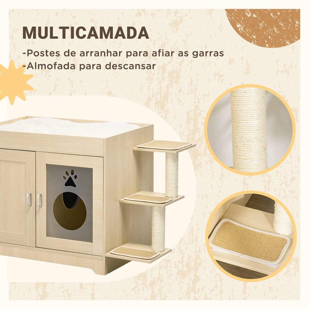 Caixa de Areia para Gatos de Madeira com 2 Portas Móvel para Caixa de Areia com Cama Almofada Suave 3 Plataformas e Postes de Sisal 107x54x70cm Carval