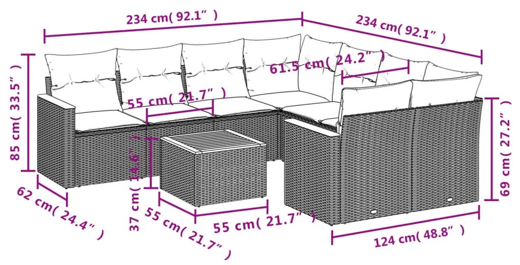 9 pcs conjunto de sofás p/ jardim com almofadões vime PE bege