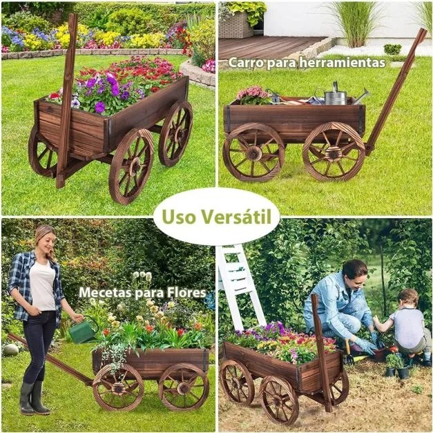Carrinho floreira de madeira 75 x 43 x 53,5 cm para exteriores decorativo para jardim para plantas com 4 rodas e alça Castanho