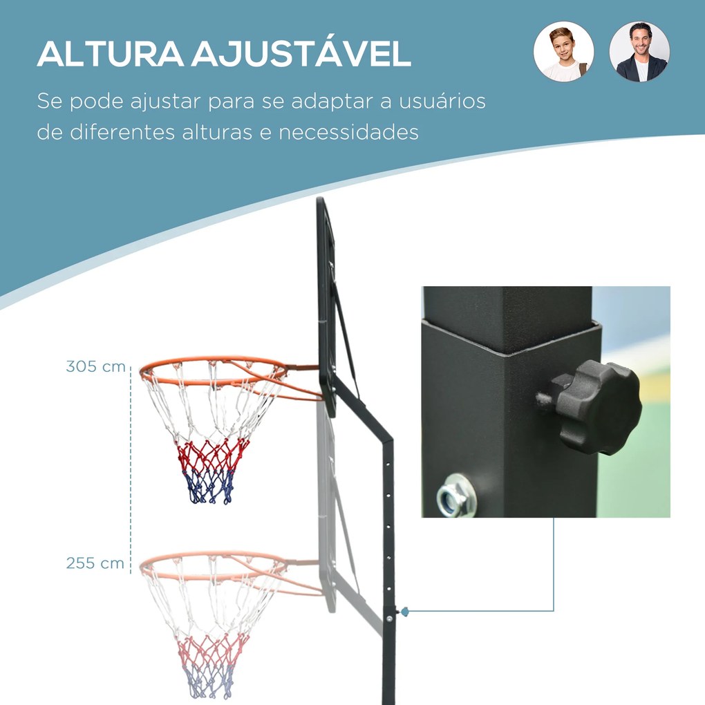 Cesto de Basquetebol Portátil Ajustável em Altura com Base Recarregável para Crianças e Adultos 86x165x302-352 cm Preto