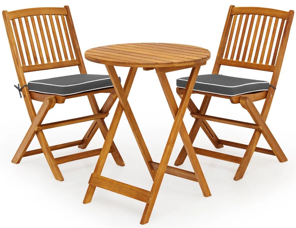 Conjunto dobrável para Jardim Bistro Mesa e cadeiras de madeira dobráveis com almofadas macias para terraço jardim Cinzento e Castanho